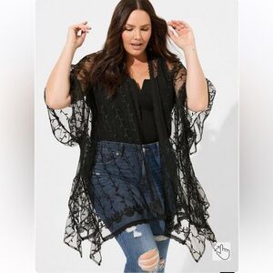 NWT $69 Torrid Black Lace Ruana Kimono Coverup Boho Plus  One Size